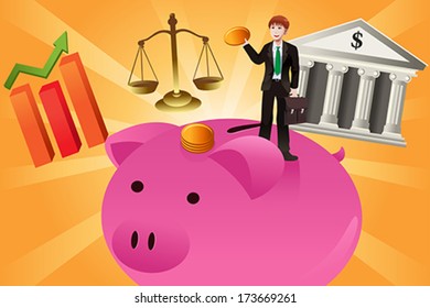 A vector illustration of businessman with financial items concept