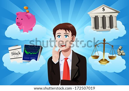 A vector illustration of businessman with financial items concept