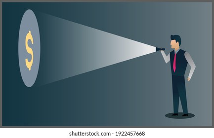 vector illustration of a businessman with flashlight and dollar sign, symbol of strategy and planning. Eps 10