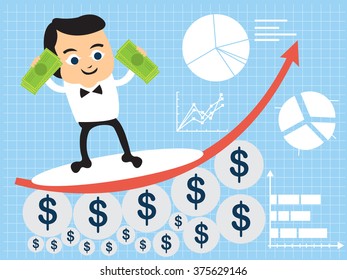 Vector illustration of a businessman flat character surfing on a statistic graph, holding money.