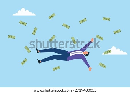 Vector illustration of a businessman floating in the air surrounded by falling money, symbolizing wealth, success, financial freedom, and prosperity
