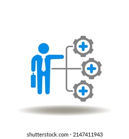 Vector illustration of businessman and flowchart with gears and pluses sign. Icon of employee benefits. Symbol of personal bonuses and perks.