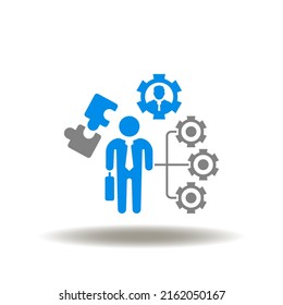 Vector Illustration Of Businessman With Flowchart And Gears, Puzzle. Icon Of Roles And Responsibilities. Symbol Of Employee Professional Role, Responsibility, Motivation.