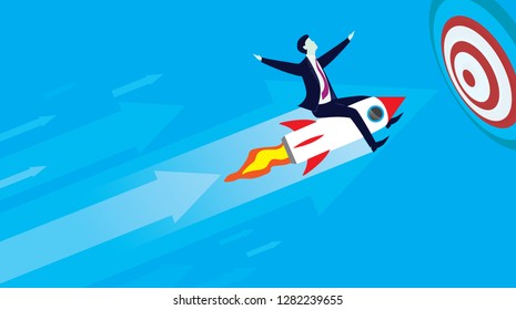 Vector illustration. Businessman flying high riding a rocket to his target
