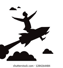 Vector illustration of businessman flying high riding o a rocket, black and white silhouette