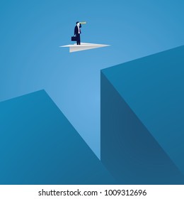 Vector illustration of businessman flying on paper plane while looking forward with telescope, future business vision concept  