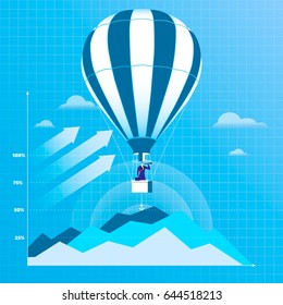 Vector illustration of businessman flying on hot air balloon and looking through spyglass or hand-held telescope. Business vision concept flat style design.