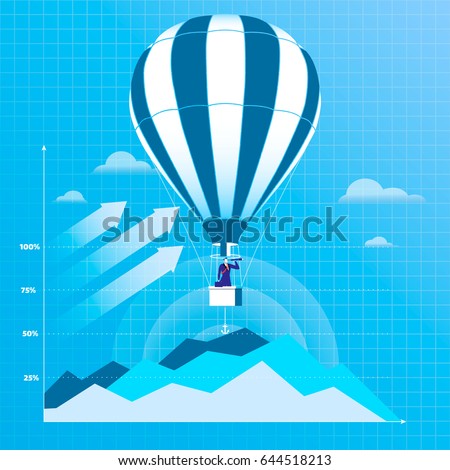 Vector illustration of businessman flying on hot air balloon and looking through spyglass or hand-held telescope. Business vision concept flat style design.