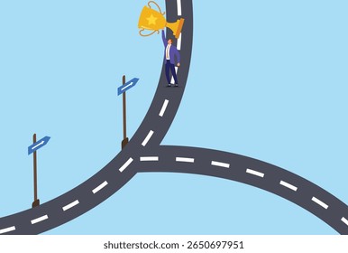 Ilustração vetorial de um homem de negócios seguindo o sinal de direção certo e alcançando o sucesso, simbolizando a orientação adequada, decisões sábias e um caminho claro para a realização
