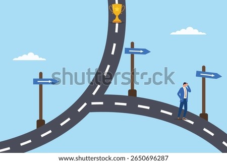 Vector illustration of a businessman following a wrong direction sign, heading the wrong way while success lies on a different path, symbolizing misguided choices in the journey to achievement
