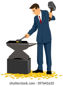 Vector illustration of a businessman forging gold