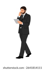 Vector illustration of businessman in formal suit and tie walking with tablet and talking on phone. Modern corporate character isolated on white background, ideal for business and tech themes