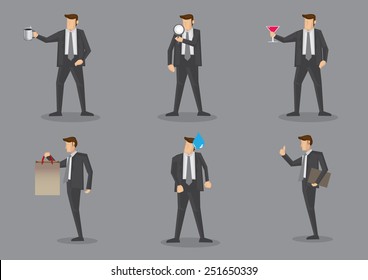 Vector illustration of businessman in front view and side profile with different props. Set of six cartoon characters isolated on grey background