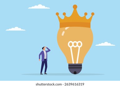 Vector illustration of a businessman gazing at a crown atop a glowing light bulb, symbolizing visionary leadership, innovative ideas, and the pursuit of ultimate success
