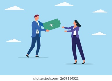 Vector illustration of a businessman giving a battery to his colleague, symbolizing energy transfer, support, empowerment, teamwork, and motivation in the workplace
