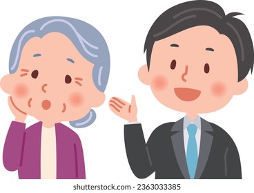 Vector illustration of a businessman giving an explanation and an old woman listening to the explanation.