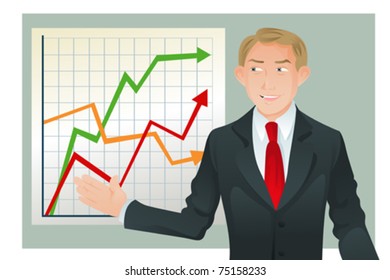 A vector illustration of a businessman giving a graph or statistic chart presentation