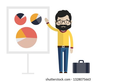 Vector illustration of businessman giving presentation. Lecturer male pointing at diagram on whiteboard. Office people flat style design elements, icons isolated on white background. - Vector