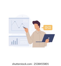 Vector illustration of businessman giving presentation of statistical information about business growth