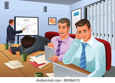 A Vector Illustration Of Businessman Giving A Presentation And His Colleagues Are Not Paying Attention To Him