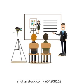 Vector illustration of businessman giving presentation. Lecturer male pointing at projection screen. Office people flat style design elements, icons isolated on white background.