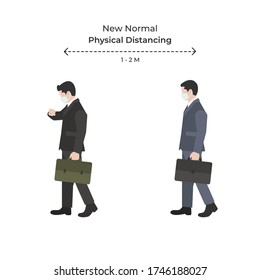 Vector Illustration Of Businessman Going To Work Keep Physical Distancing And Wearing Protective Medical Mask For Prevent Virus On A New Normal Day