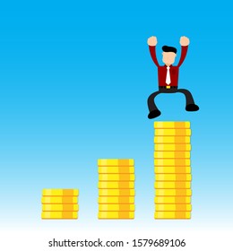 Vector Illustration Businessman with Gold Coin Ladder