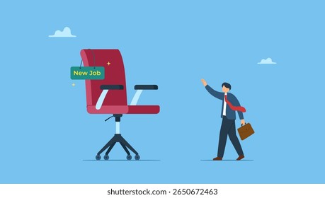 Vector illustration of businessman greeting with his new job office chair. New job offer or new career opportunity, employment and recruitment, promoted to new position or hiring staff for vacancy.