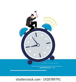 Vector illustration. Businessman with hammer rings in alarm clock, working time management concept, quick reaction to wake up, business, blue design. People plan hours, warnings, job. White background