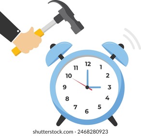 Ilustración vectorial. Hombre de negocios con anillos de martillo en el reloj despertador, concepto de gestión del tiempo de trabajo, reacción rápida para despertar, negocios, diseño azul. Personas horas de Plan, avisos, trabajo. Fondo blanco