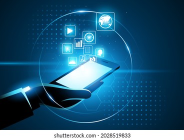 Vector illustration of businessman hand holding a smart phone, the world in your hand, modern, digital technology concept