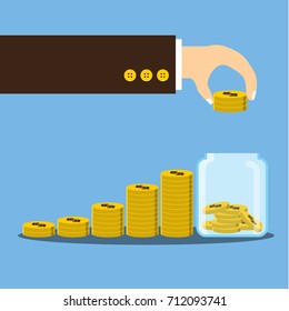 Vector illustration, Businessman hand putting coin in jar with coins stack growth financial, save money and investment concept