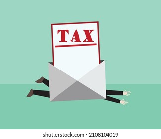A vector illustration of a businessman hanging money and pressed against a tax bill document