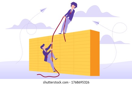 Vector Illustration of Businessman Help Friend Climbing Up a Brick Wall. Teamwork, Business Concept, Team Metaphor, Flat Design.