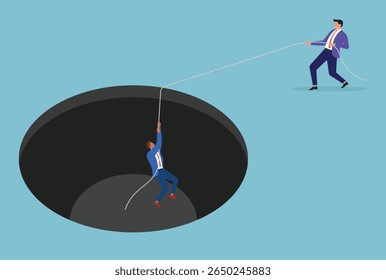 Ilustración vectorial de un hombre de negocios ayudando a otro hombre de negocios a salir de un agujero con una cuerda, simbolizando el trabajo en equipo, la Asistencia, el liderazgo y la superación de obstáculos en los negocios
