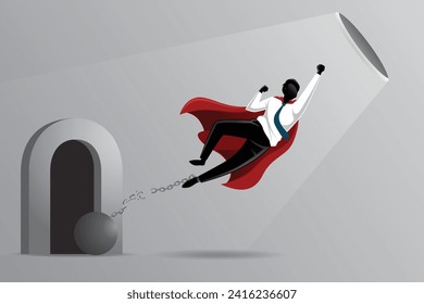 Vector illustration of businessman hero breaking out iron ball chain in his feet flying towards escape hole