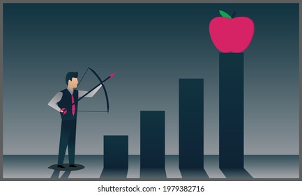 vector illustration of businessman hit by an arrow in apple, sign of progress in increasing business sales