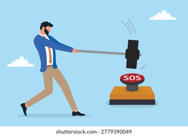 Vector illustration of businessman hitting SOS emergency button with hammer, symbolizing urgent crisis response, business emergency, financial trouble, and risk management concept
