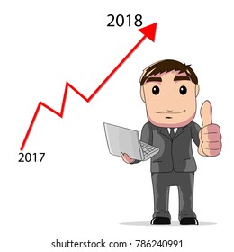 vector illustration businessman hold laptop and thumbs up poses, growing line graph, business concept