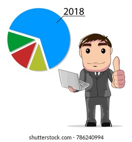 vector illustration businessman hold laptop and thumbs up poses, growing pie graph, business concept