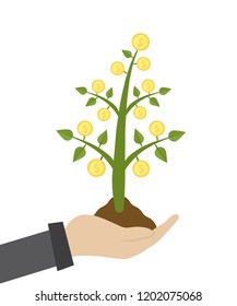 Vector illustration of businessman hold money tree in hand. Green plant with coins growing out of a handful of ground. Successful business concept presentations on white background.