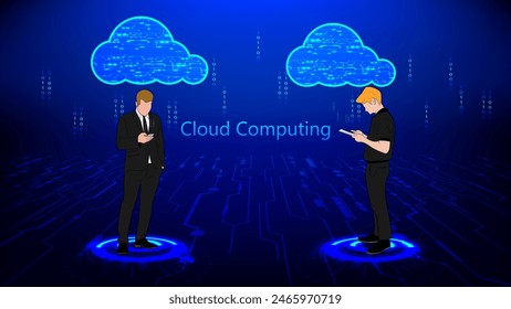 Vector illustration, Businessman Hold Smart Phone Connection Cloud Computing Hi Technology Connection worldwide digital technology 