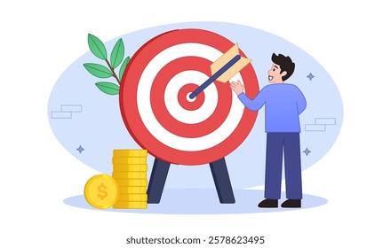 Vector illustration of a businessman holding an arrow and aiming it at a target. Business target strategy concept. Marketing target goal. Suitable for web, infographics, presentation.