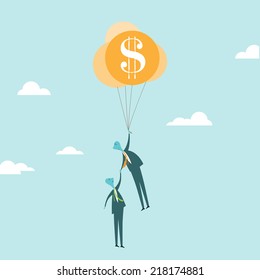 Vector illustration of a businessman holding balloons of financial safety rescuing other businessman from his demise.