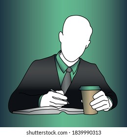 Vector illustration of businessman holding a coffee cup and taking notes. His face is white and anonymous. He's wearing a suit. He looks busy and concentrated on his work. EPS 10.