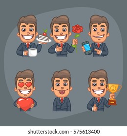 Vector Illustration, Businessman Holding Cup of Coffee, Cake, Flower, Rose, Mobile Phone, Heart, Cup, Format EPS 10