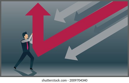 vector illustration of businessman holding down arrow, symbol of recovery and defense