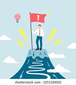 Vector illustration of a businessman holding a flag on top of a mountain