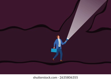 Vector illustration of a businessman holding a flashlight and briefcase while exploring a dark underground tunnel, symbolizing the journey of uncertainty, exploration