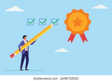 Ilustração vetorial de um homem de negócios segurando um lápis gigante e marcando uma lista de verificação com um selo de qualidade, simbolizando a conclusão da tarefa, garantia de qualidade e desempenho eficaz
